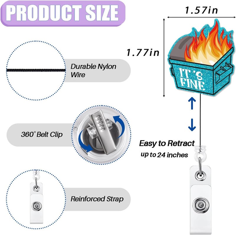Bydevia It's Fine Dumpster Fire Badge Reel Retractable, Funny Badge Reel for Nurse Nursing RN CNA LPN Medical Worker & Office Staff, Dumpster ID Name Badge Holder with Alligator Clip & 24” Durable Nylon Cord - Image 2